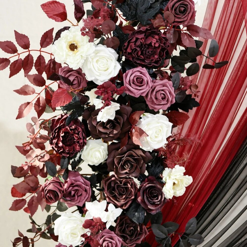 Wedding Arch Backdrop Stand 7.2FT with Flowers & Drapes‎ – Black Burgundy Decor - Picture 3 of 4